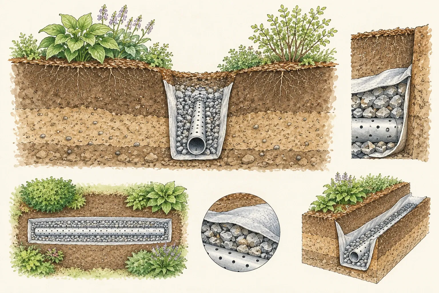 Doorsnede van tuin met drainagebuis in grindbed, filterdoek en omliggende planten