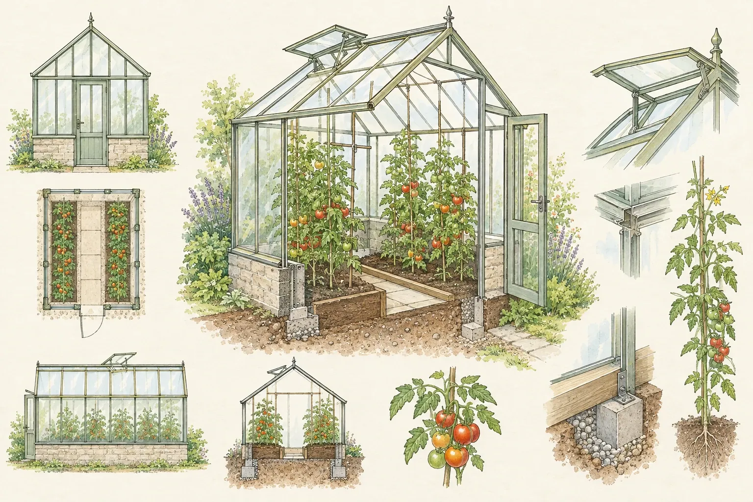 Glazen tuinkas met tomatenplanten, ventilatieraam en bakstenen fundering rondom tuinpad