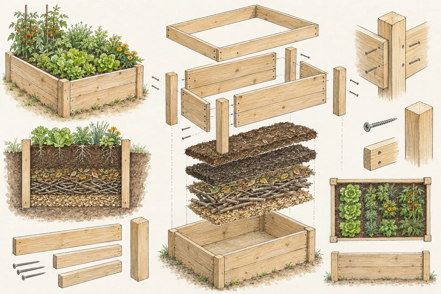 Exploded view van houten moestuinbak met lagen vulling, schroeven en hoeken zichtbaar