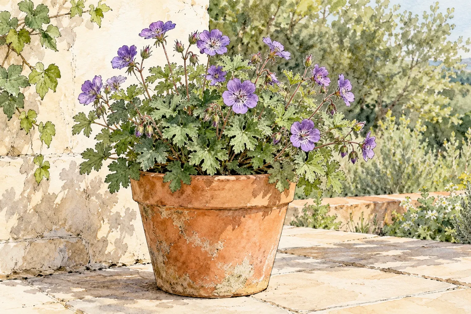 Terracotta pot met paarse ooievaarsbekbloemen op zonovergoten terras