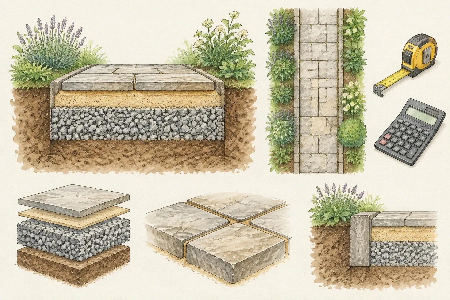 Doorsnede en details van verhardingslagen voor tuinpad met meetlint en rekenmachine