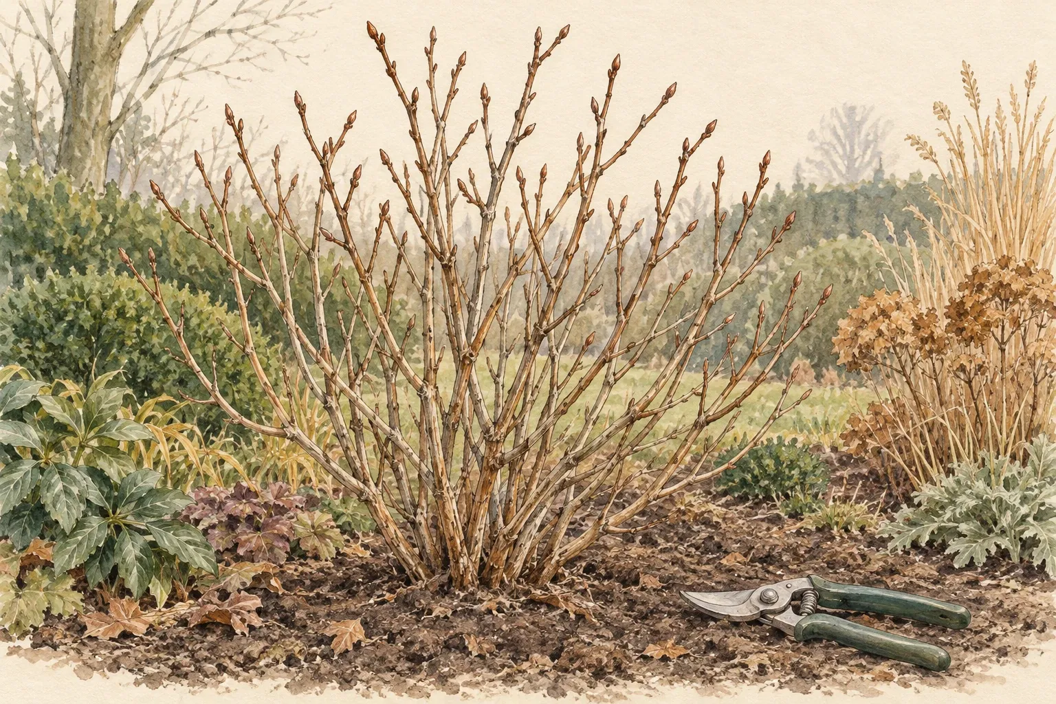 Bladloze heester met gesnoeide takken in de tuin en snoeischaar op de grond
