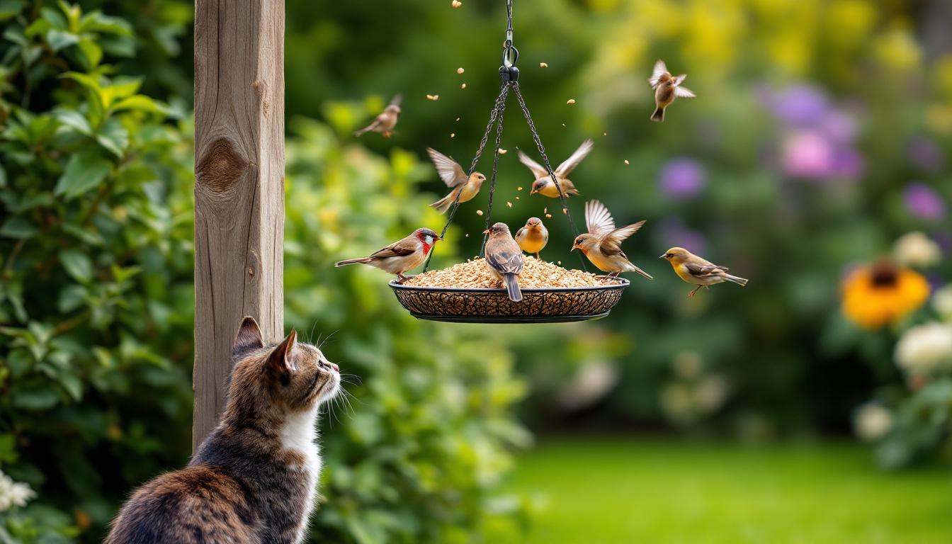 veel voedertafels hangen te laag, waardoor vogels kwetsbaar worden voor katten. ontdek hoe je voedertafels veilig ophangt voor een beschermde vogelomgeving.