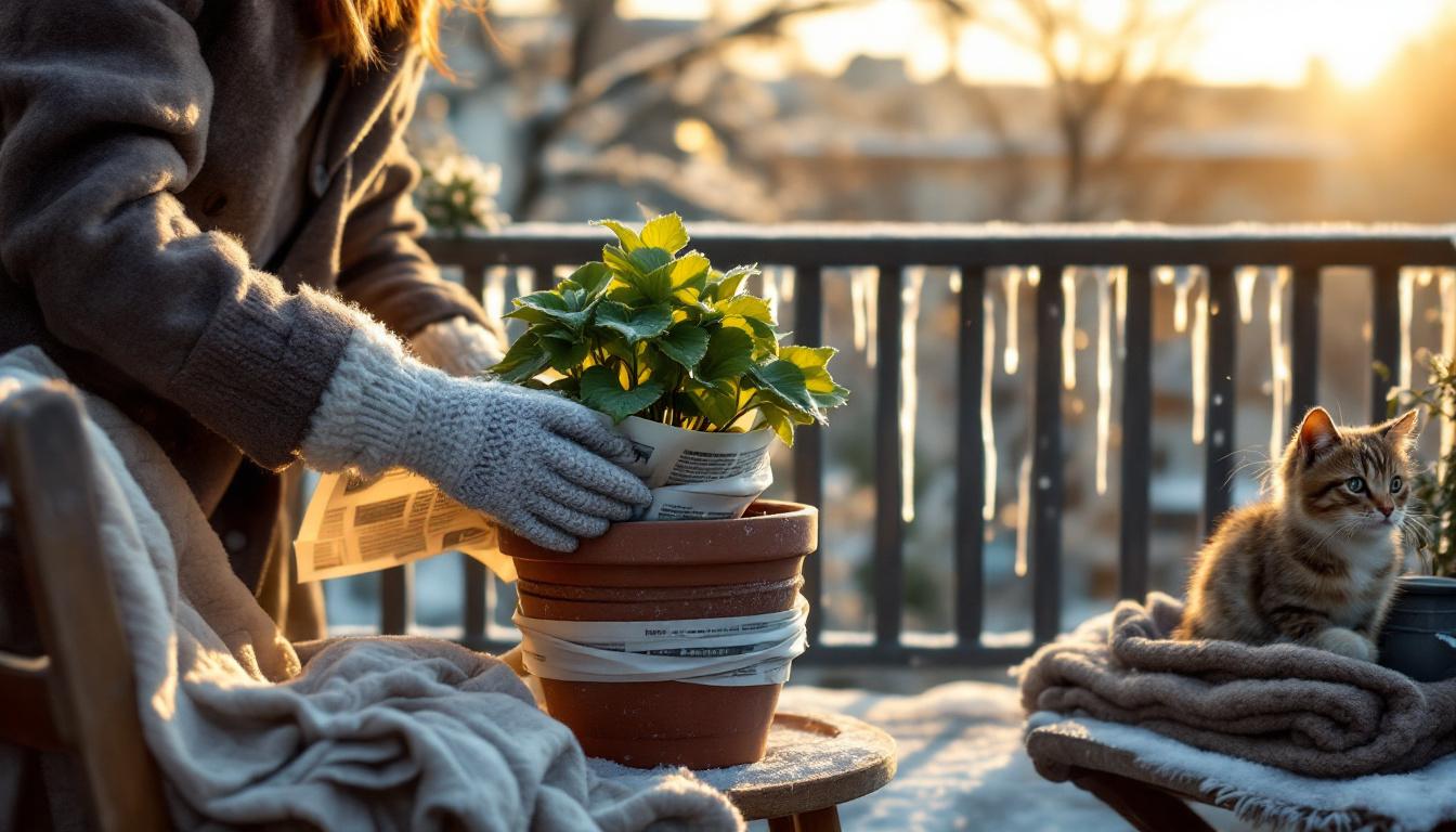 bescherm je geraniums op het balkon tegen vorst tot -5 graden met slechts een paar kranten. eenvoudige en effectieve tips voor winterbescherming.