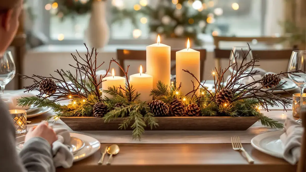 Kersttafelstuk: het wow-effect met kaarsen en drie buiten verzamelde vondsten