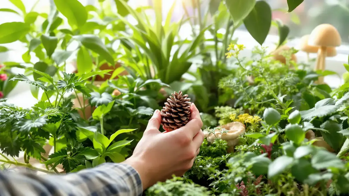 Op de juiste plek geplaatst verbetert een eenvoudige dennenappel blijvend het evenwicht van kamerplanten.